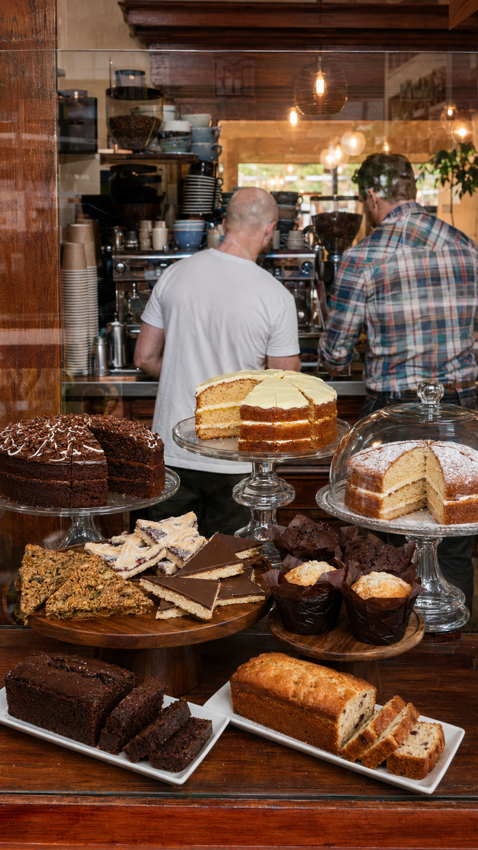 Assorted cakes and pastries in a cafe