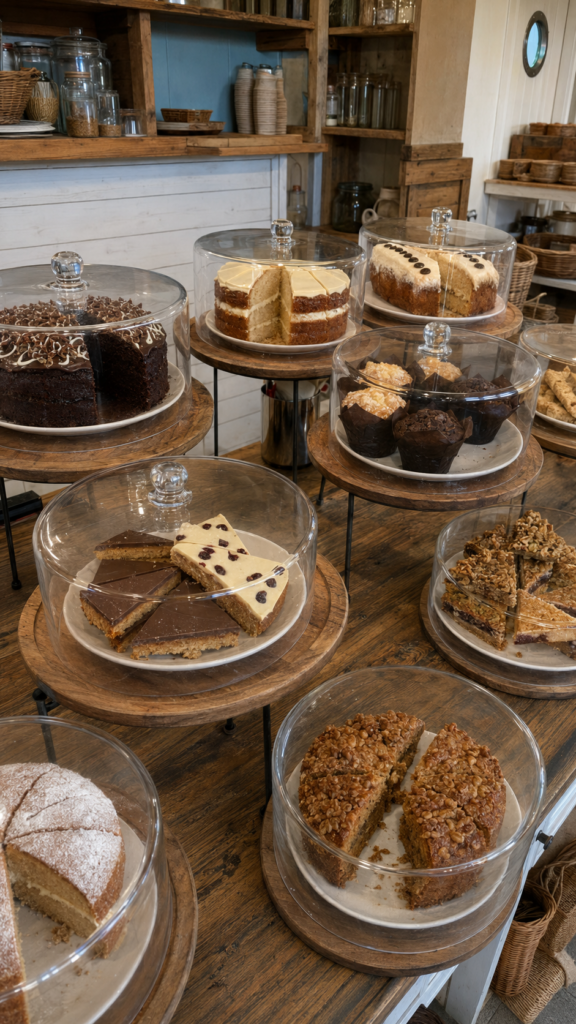 Assorted homemade cakes and desserts in a farm shop